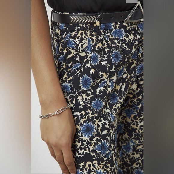 IKKS Floral Pants Pleated Front Pockets Black Blue 6 - Picture 2 of 10